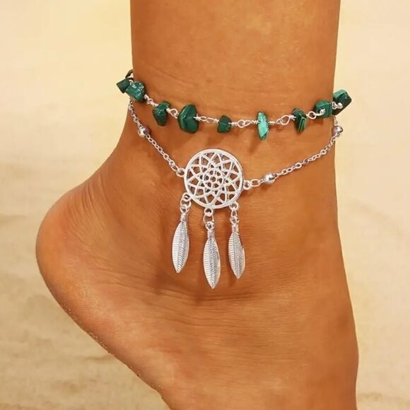 Hollow Dreamcatcher Irregular Green Turquoise AnkletSummer Beach Foot chain - Picture 1 of 9
